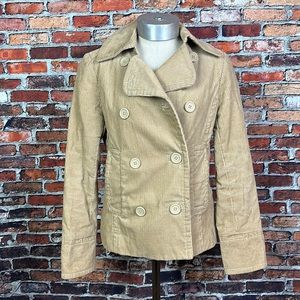 Gap tan corduroy double breasted peacoat with pink quilted lining . Size Small